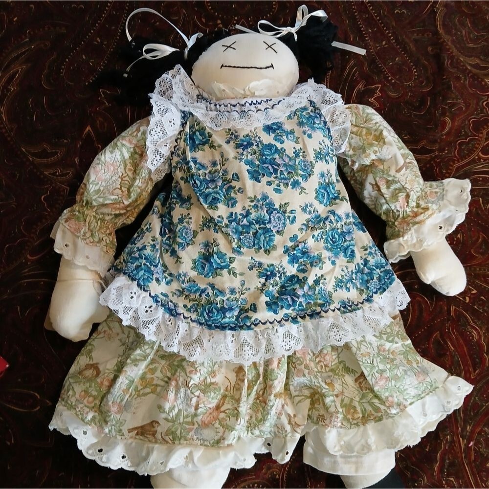 Handmade Vintage Cottagecore Rag Doll with Blue and Cream Dress 21 Inches